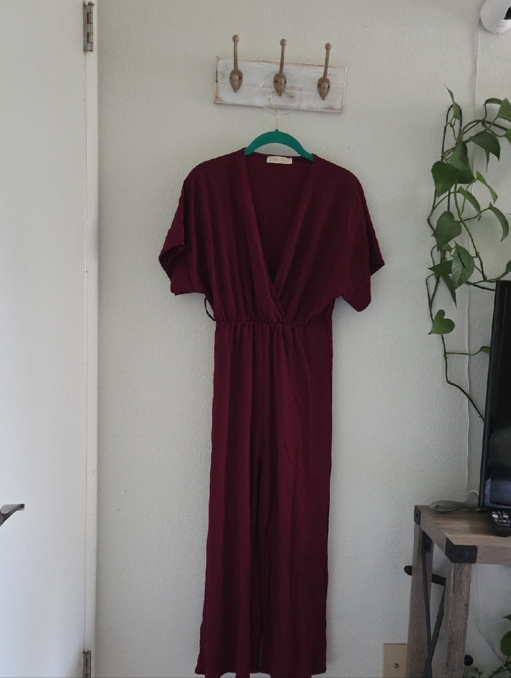 Wine Red V-Neck Wide Leg Jumpsuit